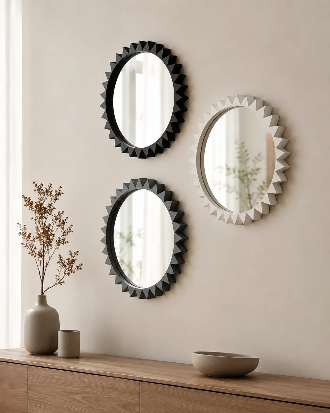 Composição de três espelhos decorativos da linha Arteiro Casa em uma parede de sala