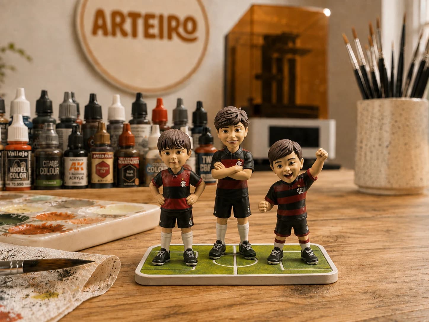 As três miniaturas de time personalizadas sobre a bancada da Arteiro, com a impressora de resina, os vidros de tinta e a logo da marca ao fundo