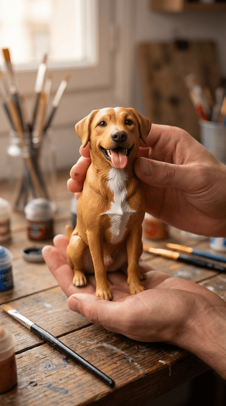Miniatura de cachorro já pintada à mão sendo segurada no ateliê