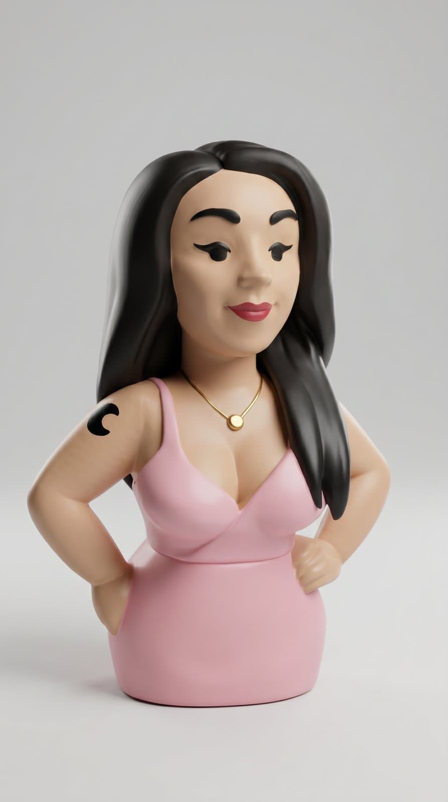 Miniatura caricata de mulher de vestido rosa, pintada à mão