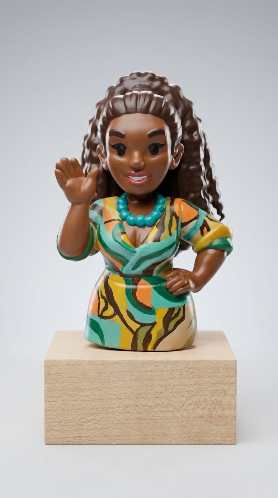 Miniatura caricata de mulher de vestido estampado sobre base de madeira