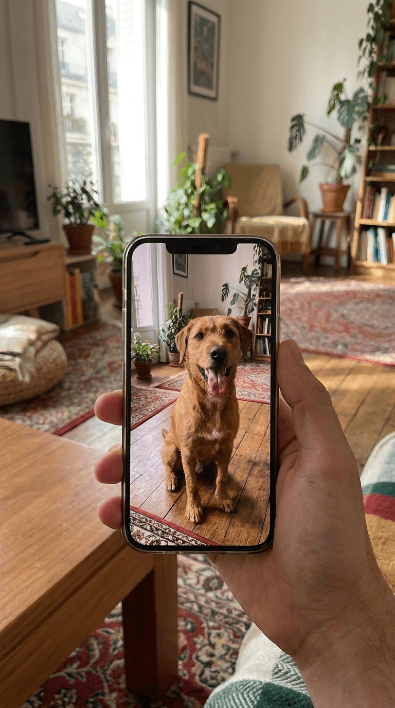 Celular com foto de cachorro usada como referência para uma miniatura 3D