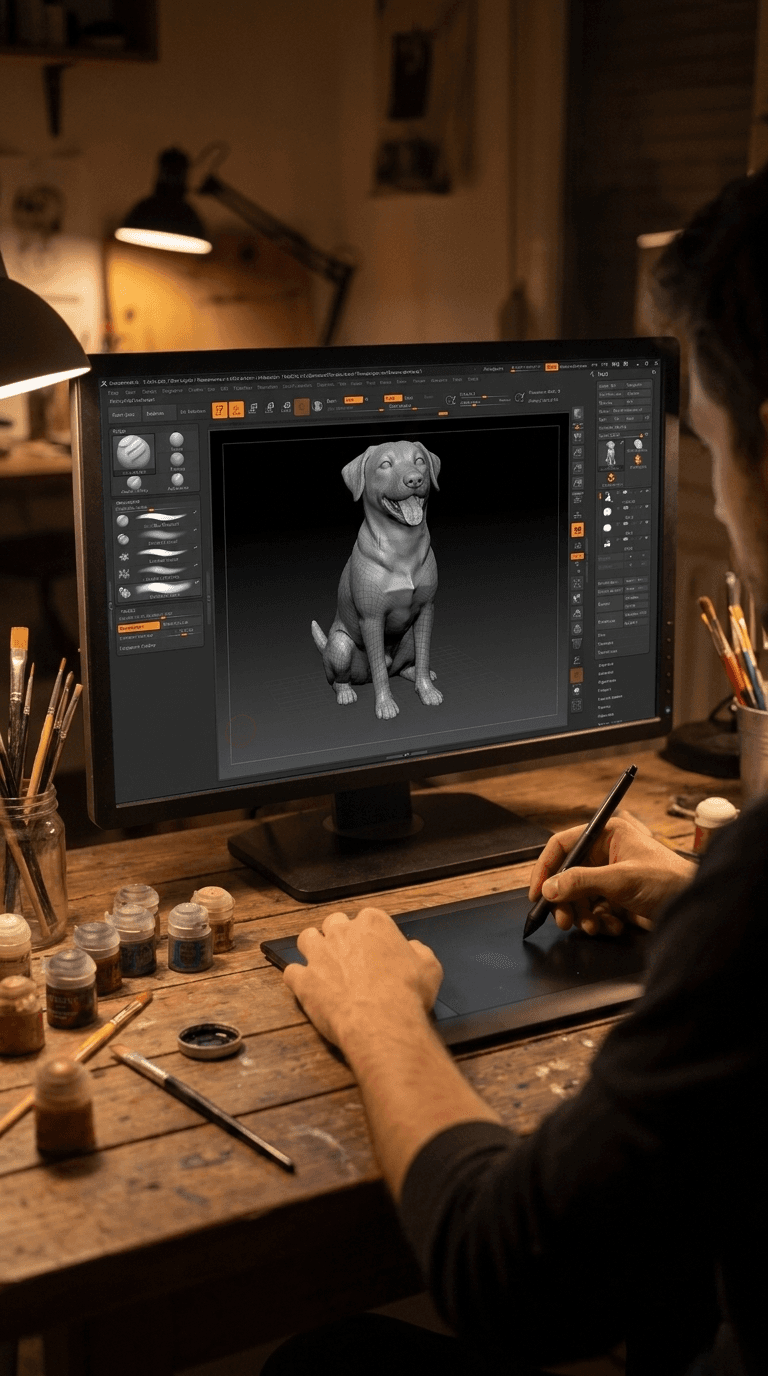 Escultura de um cachorro sendo modelada em 3D a partir de referências fotográficas