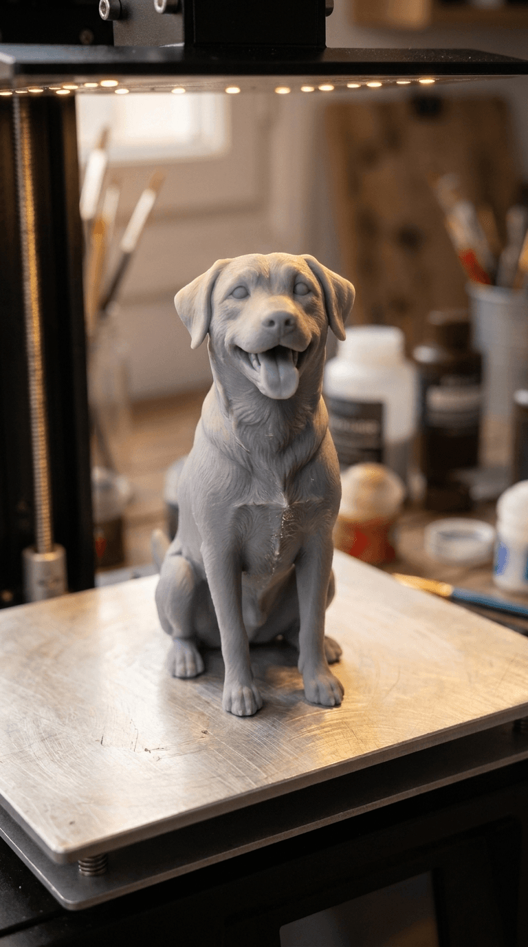 Miniatura de cachorro recém-impressa em resina e ainda sem pintura