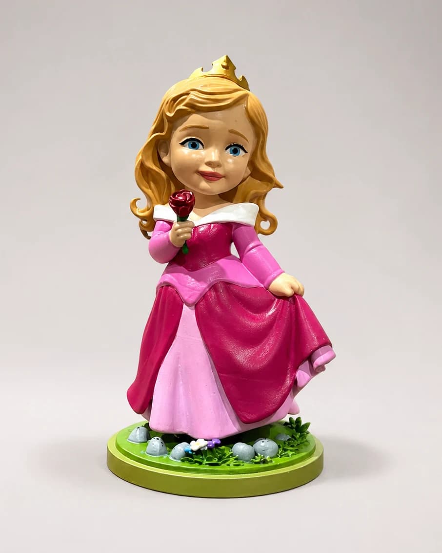 Miniatura personalizada de menina vestida de princesa, pintada à mão, sobre base decorada